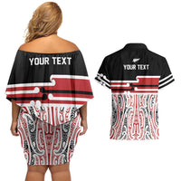 Personalised Toitu Te Tiriti Aotearoa 1840 Couples Matching Off Shoulder Short Dress and Hawaiian Shirt Red Kowhaiwhai Puhoro LT9 - Polynesian Pride