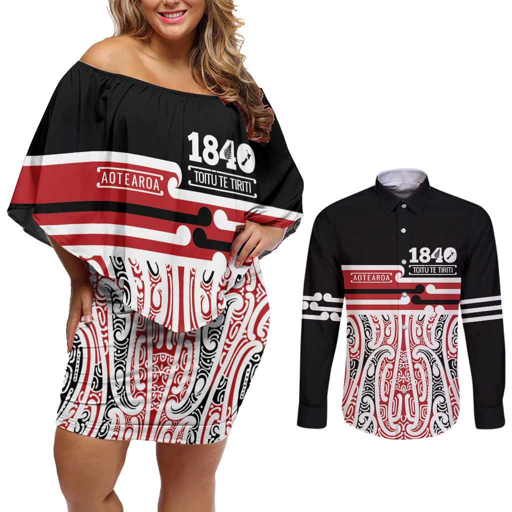 Personalised Toitu Te Tiriti Aotearoa 1840 Couples Matching Off Shoulder Short Dress and Long Sleeve Button Shirt Red Kowhaiwhai Puhoro LT9 Black - Polynesian Pride