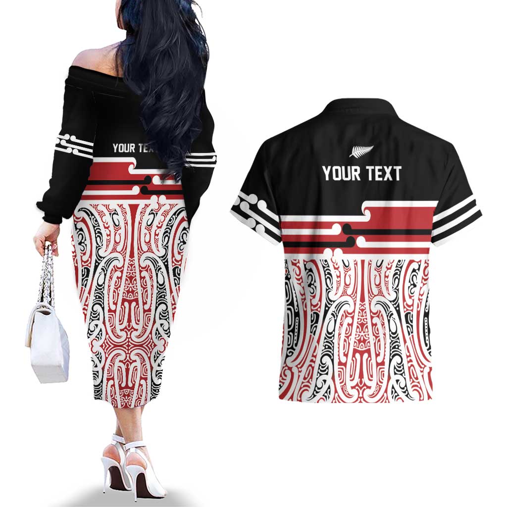 Personalised Toitu Te Tiriti Aotearoa 1840 Couples Matching Off The Shoulder Long Sleeve Dress and Hawaiian Shirt Red Kowhaiwhai Puhoro LT9 - Polynesian Pride