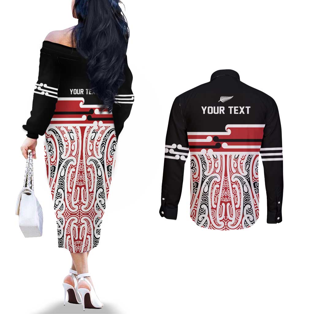 Personalised Toitu Te Tiriti Aotearoa 1840 Couples Matching Off The Shoulder Long Sleeve Dress and Long Sleeve Button Shirt Red Kowhaiwhai Puhoro LT9 - Polynesian Pride