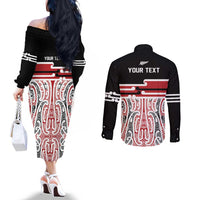 Personalised Toitu Te Tiriti Aotearoa 1840 Couples Matching Off The Shoulder Long Sleeve Dress and Long Sleeve Button Shirt Red Kowhaiwhai Puhoro LT9 - Polynesian Pride
