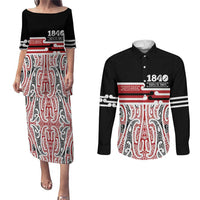 Personalised Toitu Te Tiriti Aotearoa 1840 Couples Matching Puletasi and Long Sleeve Button Shirt Red Kowhaiwhai Puhoro LT9 Black - Polynesian Pride