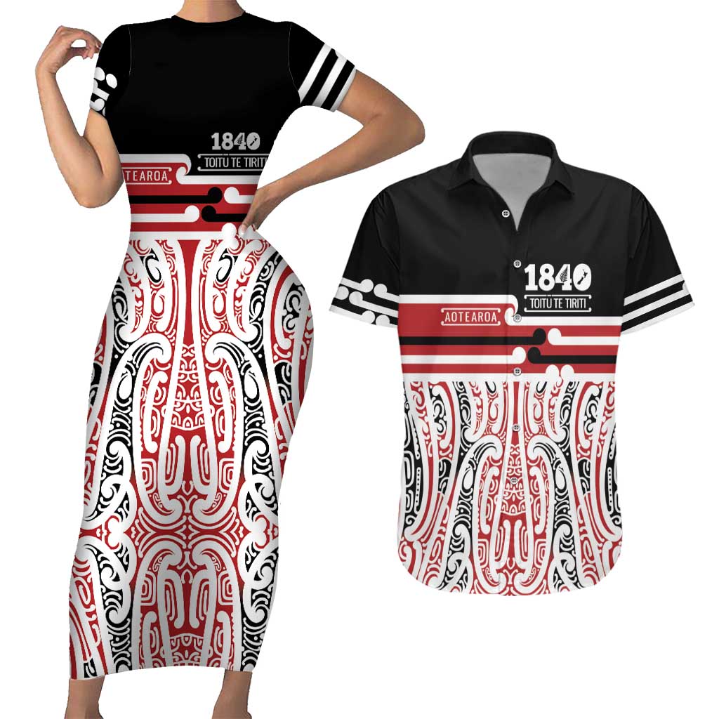 Personalised Toitu Te Tiriti Aotearoa 1840 Couples Matching Short Sleeve Bodycon Dress and Hawaiian Shirt Red Kowhaiwhai Puhoro LT9 Black - Polynesian Pride