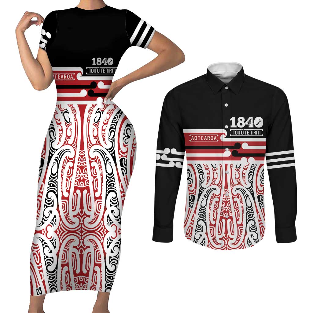 Personalised Toitu Te Tiriti Aotearoa 1840 Couples Matching Short Sleeve Bodycon Dress and Long Sleeve Button Shirt Red Kowhaiwhai Puhoro - Polynesian Pride