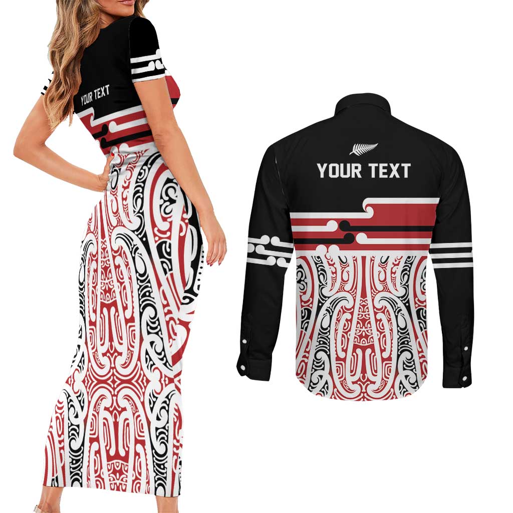 Personalised Toitu Te Tiriti Aotearoa 1840 Couples Matching Short Sleeve Bodycon Dress and Long Sleeve Button Shirt Red Kowhaiwhai Puhoro LT9 - Polynesian Pride