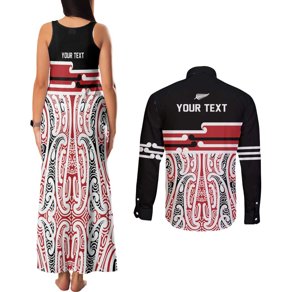 Personalised Toitu Te Tiriti Aotearoa 1840 Couples Matching Tank Maxi Dress and Long Sleeve Button Shirt Red Kowhaiwhai Puhoro LT9 - Polynesian Pride