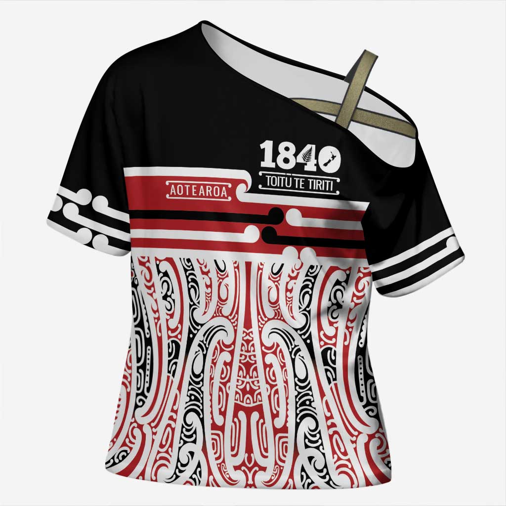 Personalised Toitu Te Tiriti Aotearoa 1840 Cross Shoulder Shirt Red Kowhaiwhai Puhoro - Polynesian Pride
