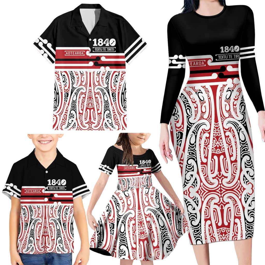 Personalised Toitu Te Tiriti Aotearoa 1840 Family Matching Long Sleeve Bodycon Dress and Hawaiian Shirt Red Kowhaiwhai Puhoro LT9 - Polynesian Pride