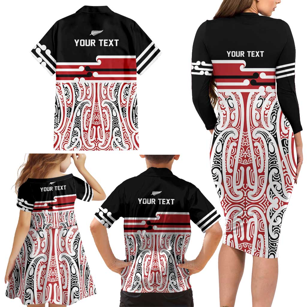 Personalised Toitu Te Tiriti Aotearoa 1840 Family Matching Long Sleeve Bodycon Dress and Hawaiian Shirt Red Kowhaiwhai Puhoro LT9 - Polynesian Pride