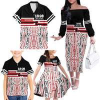 Personalised Toitu Te Tiriti Aotearoa 1840 Family Matching Off The Shoulder Long Sleeve Dress and Hawaiian Shirt Red Kowhaiwhai Puhoro LT9 - Polynesian Pride
