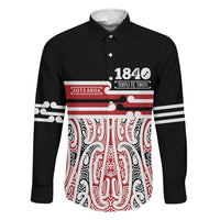 Personalised Toitu Te Tiriti Aotearoa 1840 Family Matching Off Shoulder Maxi Dress and Hawaiian Shirt Red Kowhaiwhai Puhoro LT9 Dad's Shirt - Long Sleeve Black - Polynesian Pride