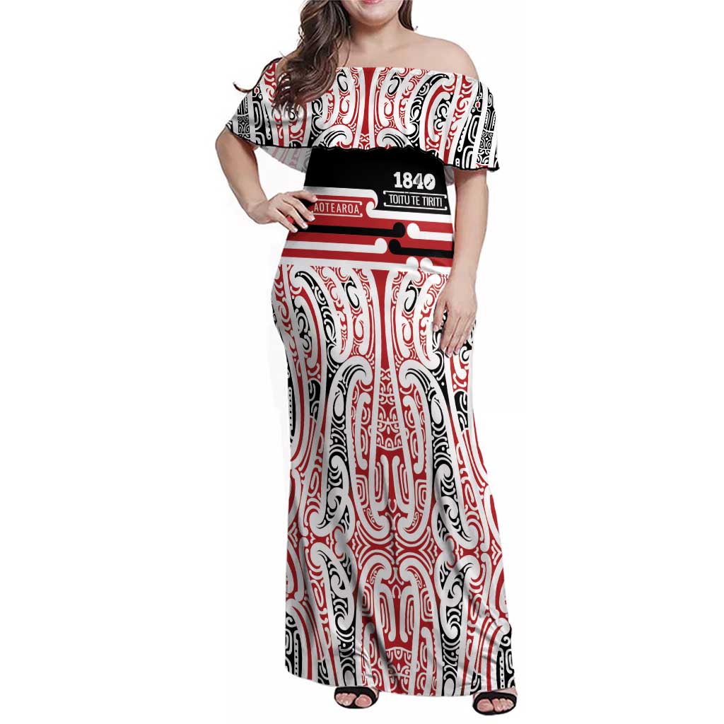 Personalised Toitu Te Tiriti Aotearoa 1840 Family Matching Off Shoulder Maxi Dress and Hawaiian Shirt Red Kowhaiwhai Puhoro LT9 Mom's Dress Black - Polynesian Pride
