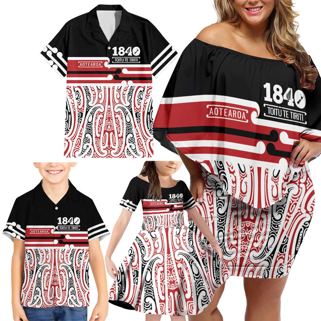 Personalised Toitu Te Tiriti Aotearoa 1840 Family Matching Off Shoulder Short Dress and Hawaiian Shirt Red Kowhaiwhai Puhoro LT9 - Polynesian Pride