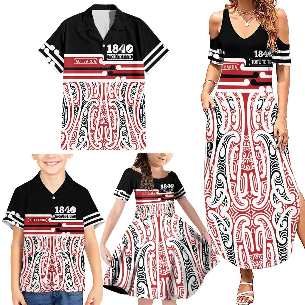 Personalised Toitu Te Tiriti Aotearoa 1840 Family Matching Summer Maxi Dress and Hawaiian Shirt Red Kowhaiwhai Puhoro LT9 - Polynesian Pride