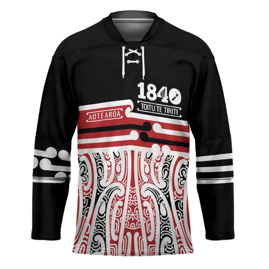 Personalised Toitu Te Tiriti Aotearoa 1840 Hockey Jersey Red Kowhaiwhai Puhoro LT9 Unisex Black - Polynesian Pride