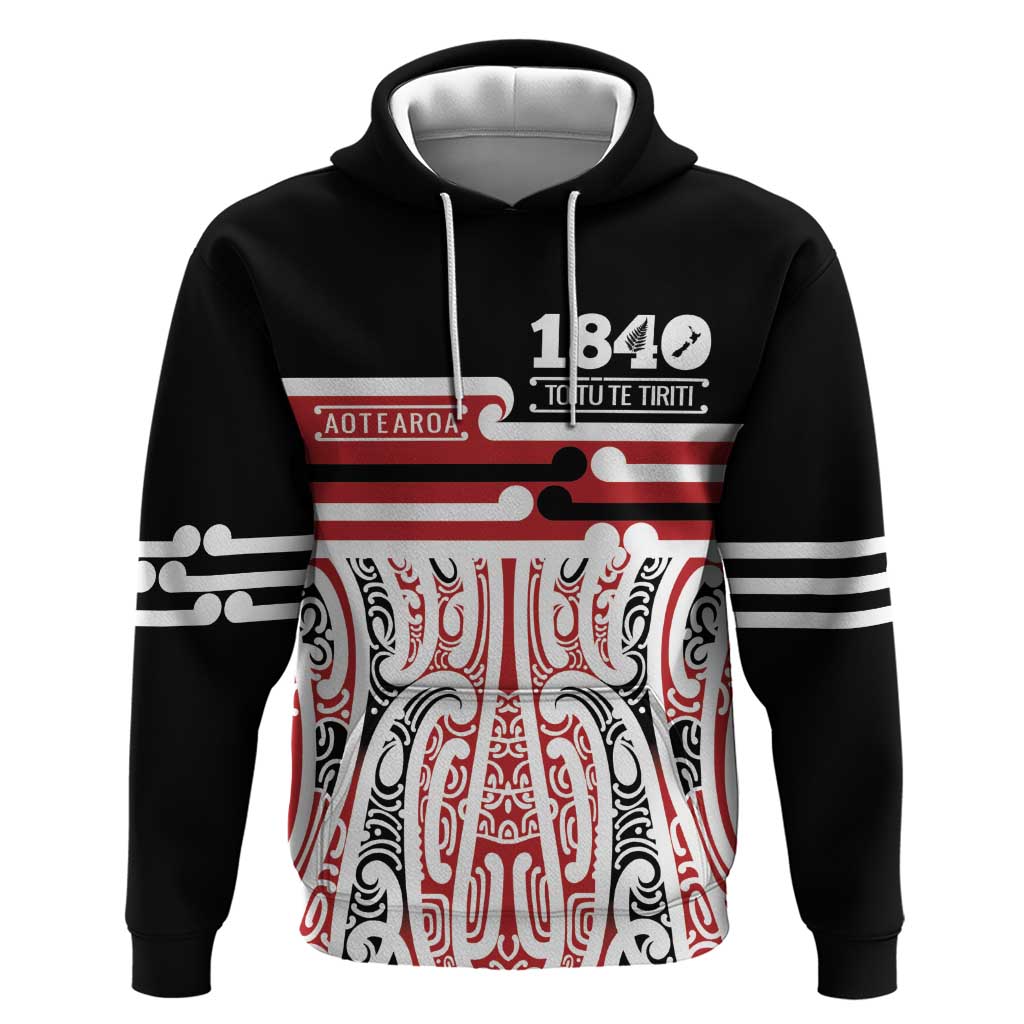 Personalised Toitu Te Tiriti Aotearoa 1840 Hoodie Red Kowhaiwhai Puhoro LT9 Pullover Hoodie Black - Polynesian Pride