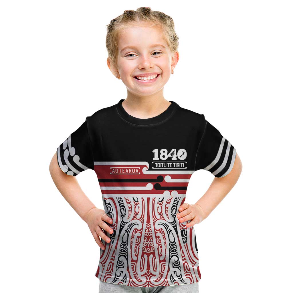 Personalised Toitu Te Tiriti Aotearoa 1840 Kid T Shirt Red Kowhaiwhai Puhoro LT9 Black - Polynesian Pride
