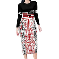 Personalised Toitu Te Tiriti Aotearoa 1840 Long Sleeve Bodycon Dress Red Kowhaiwhai Puhoro LT9 Long Dress Black - Polynesian Pride