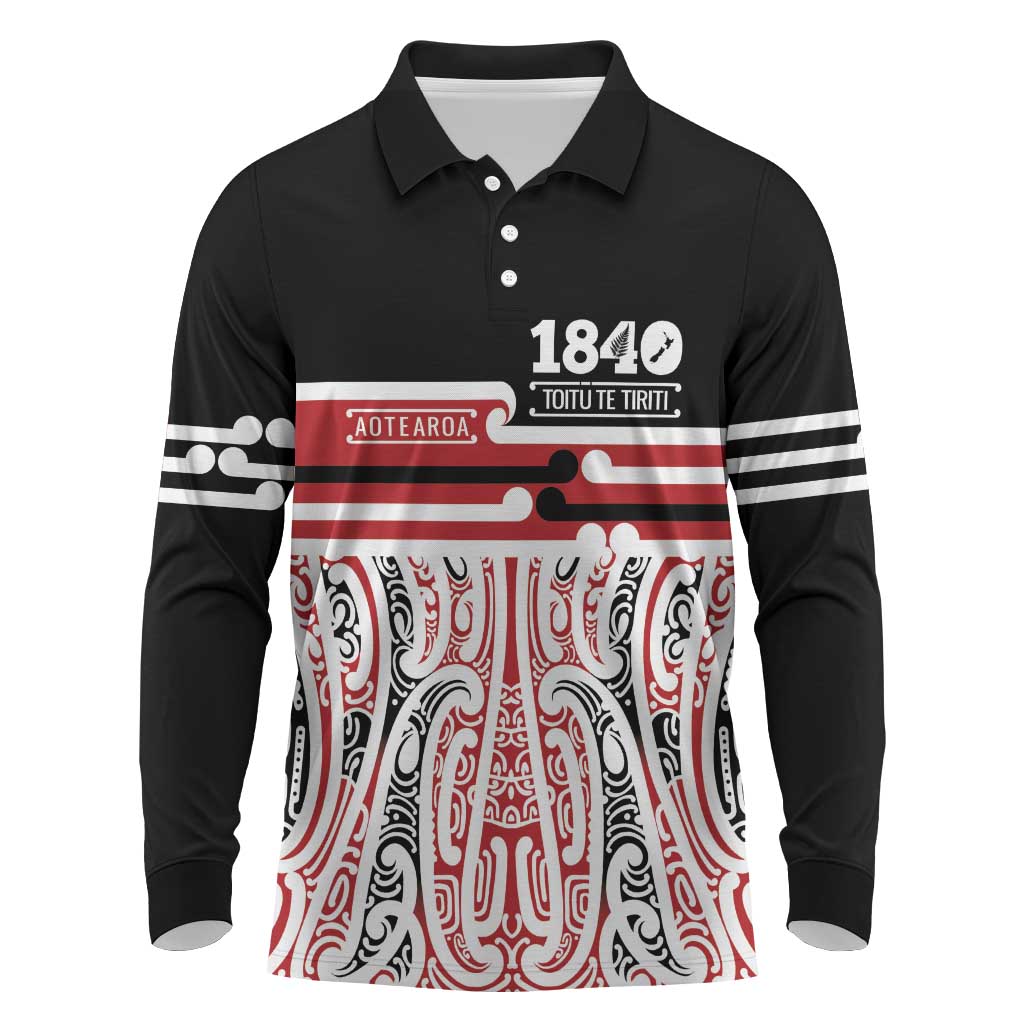 Personalised Toitu Te Tiriti Aotearoa 1840 Long Sleeve Polo Shirt Red Kowhaiwhai Puhoro - Polynesian Pride