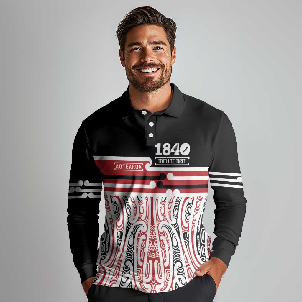 Personalised Toitu Te Tiriti Aotearoa 1840 Long Sleeve Polo Shirt Red Kowhaiwhai Puhoro LT9 - Polynesian Pride