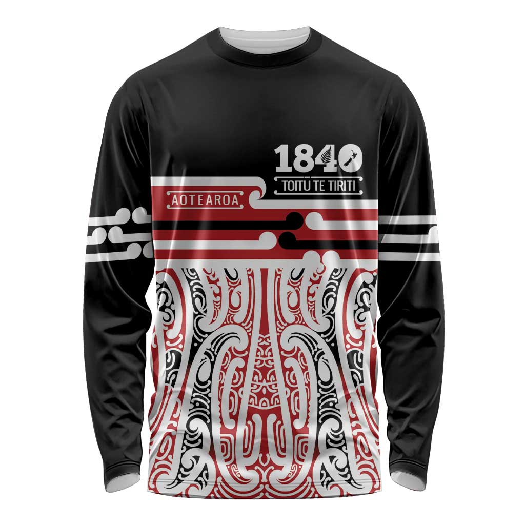 Personalised Toitu Te Tiriti Aotearoa 1840 Long Sleeve Shirt Red Kowhaiwhai Puhoro LT9 Unisex Black - Polynesian Pride