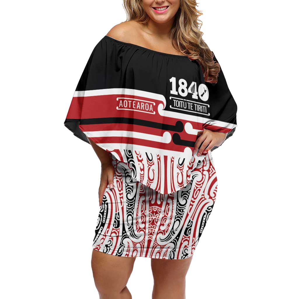 Personalised Toitu Te Tiriti Aotearoa 1840 Off Shoulder Short Dress Red Kowhaiwhai Puhoro - Polynesian Pride