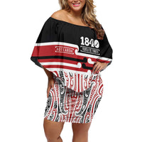 Personalised Toitu Te Tiriti Aotearoa 1840 Off Shoulder Short Dress Red Kowhaiwhai Puhoro LT9 Women Black - Polynesian Pride