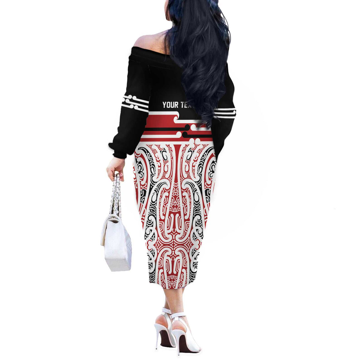 Personalised Toitu Te Tiriti Aotearoa 1840 Off The Shoulder Long Sleeve Dress Red Kowhaiwhai Puhoro LT9 - Polynesian Pride