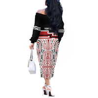 Personalised Toitu Te Tiriti Aotearoa 1840 Off The Shoulder Long Sleeve Dress Red Kowhaiwhai Puhoro LT9 - Polynesian Pride