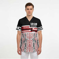 Personalised Toitu Te Tiriti Aotearoa 1840 Scrub Top Red Kowhaiwhai Puhoro - Polynesian Pride