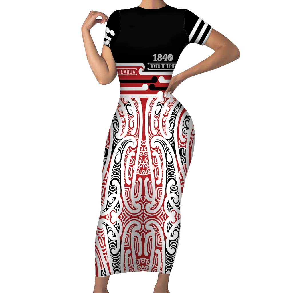 Personalised Toitu Te Tiriti Aotearoa 1840 Short Sleeve Bodycon Dress Red Kowhaiwhai Puhoro LT9 Long Dress Black - Polynesian Pride
