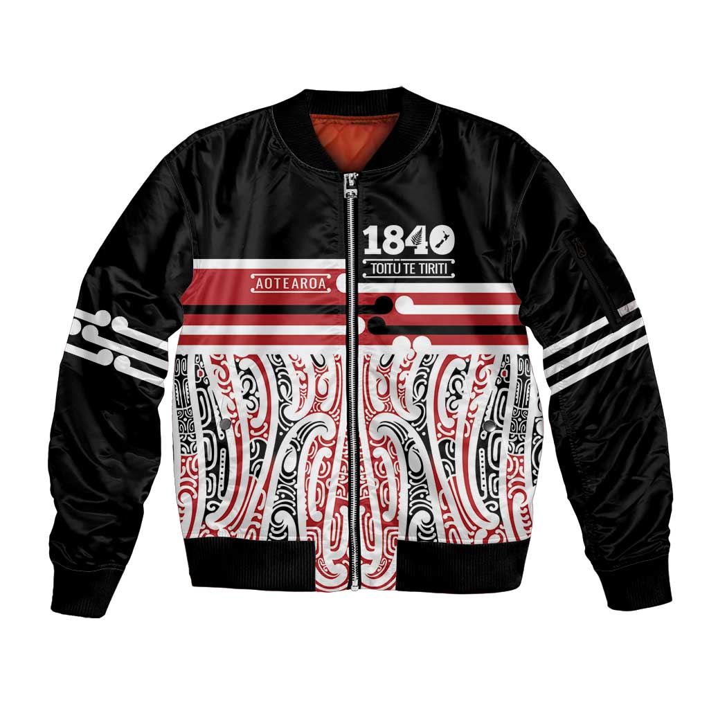 Personalised Toitu Te Tiriti Aotearoa 1840 Sleeve Zip Bomber Jacket Red Kowhaiwhai Puhoro LT9 Unisex Black - Polynesian Pride
