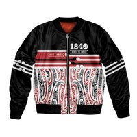 Personalised Toitu Te Tiriti Aotearoa 1840 Sleeve Zip Bomber Jacket Red Kowhaiwhai Puhoro LT9 Unisex Black - Polynesian Pride