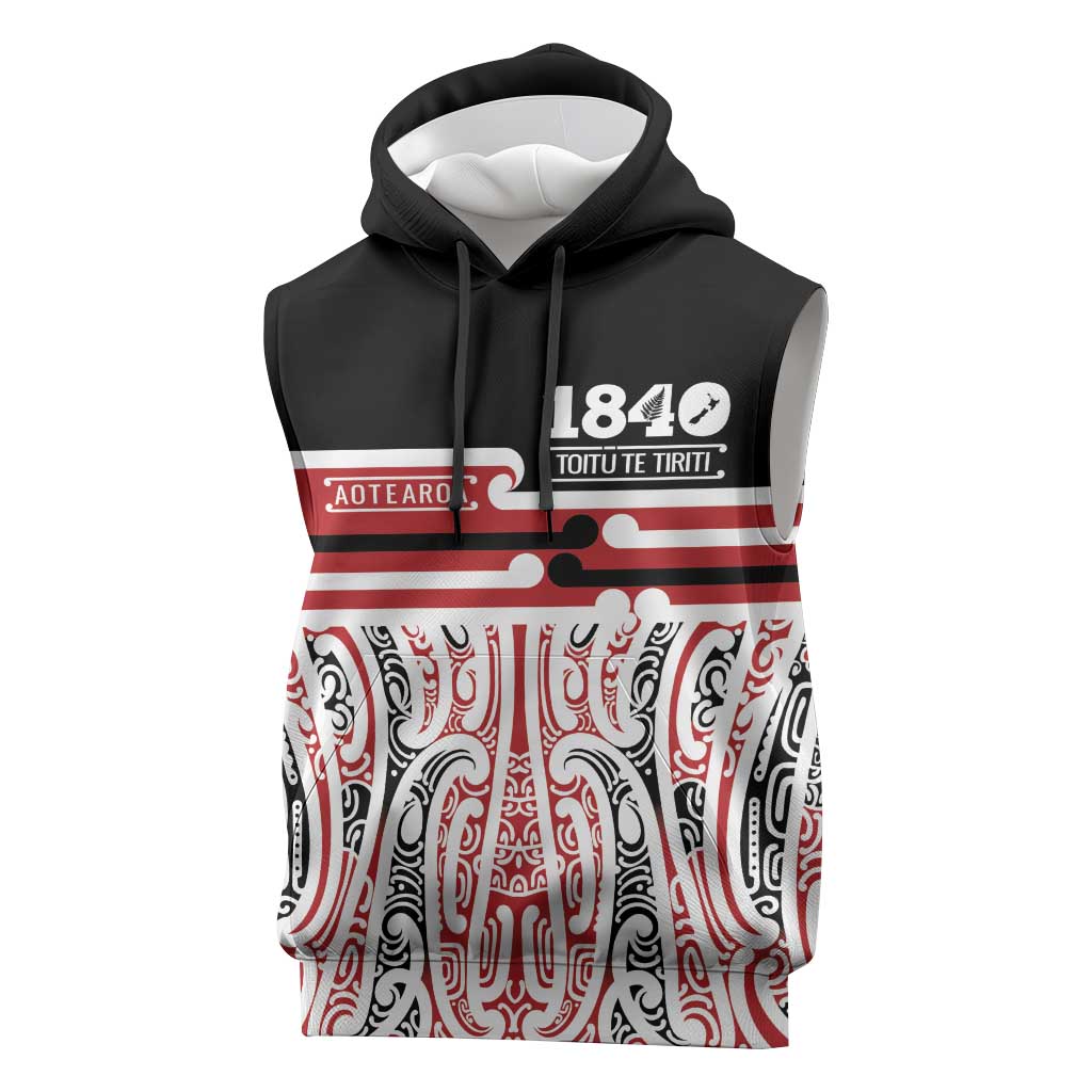 Personalised Toitu Te Tiriti Aotearoa 1840 Sleeveless Hoodie Red Kowhaiwhai Puhoro LT9 Black - Polynesian Pride