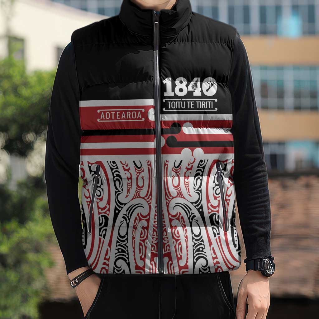 Personalised Toitu Te Tiriti Aotearoa 1840 Sleeveless Puffer Jacket Red Kowhaiwhai Puhoro - Polynesian Pride
