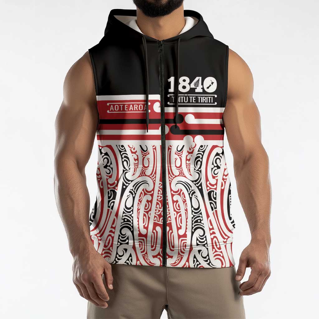 Personalised Toitu Te Tiriti Aotearoa 1840 Sleeveless Zip Hoodie Red Kowhaiwhai Puhoro LT9 - Polynesian Pride