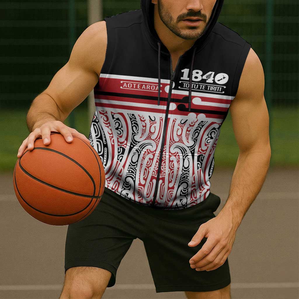 Personalised Toitu Te Tiriti Aotearoa 1840 Sleeveless Zip Hoodie Red Kowhaiwhai Puhoro LT9 - Polynesian Pride