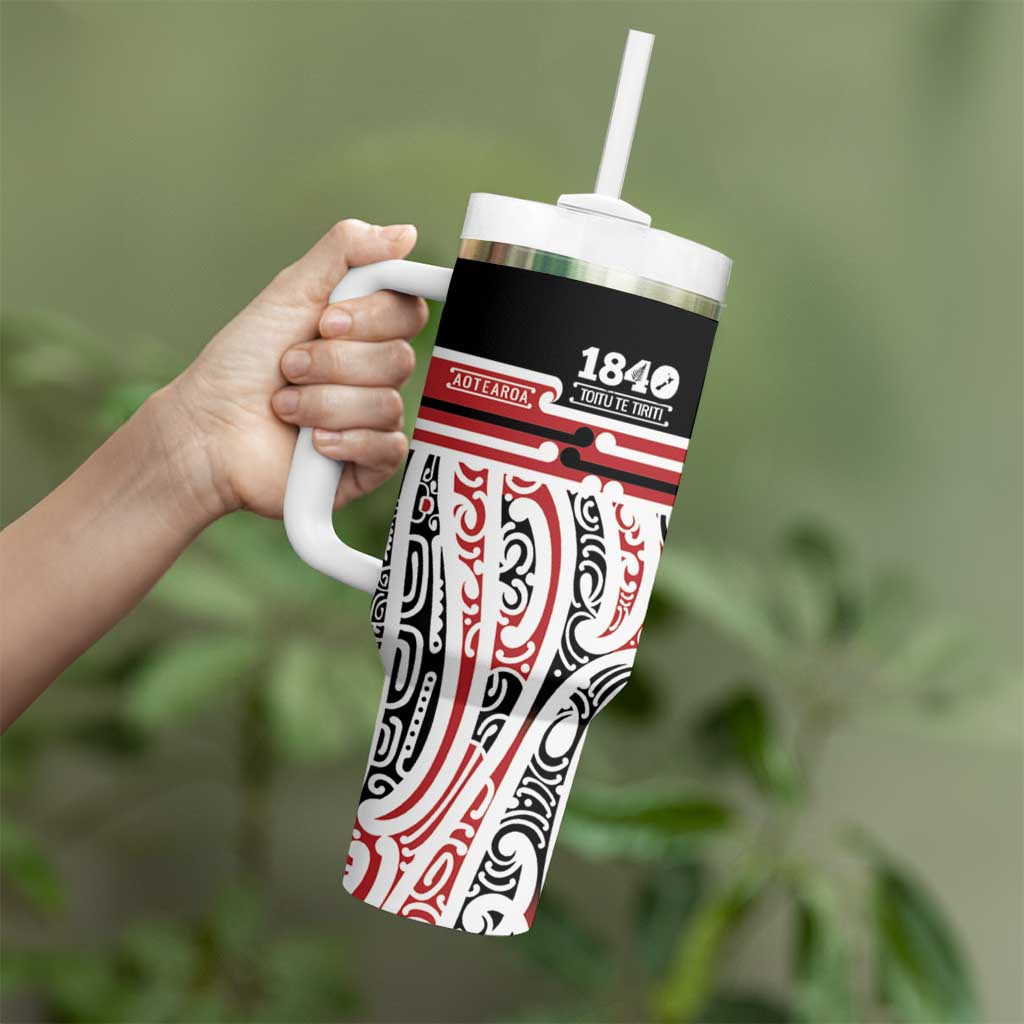 Personalised Toitu Te Tiriti Aotearoa 1840 Tumbler With Handle Red Kowhaiwhai Puhoro - Polynesian Pride