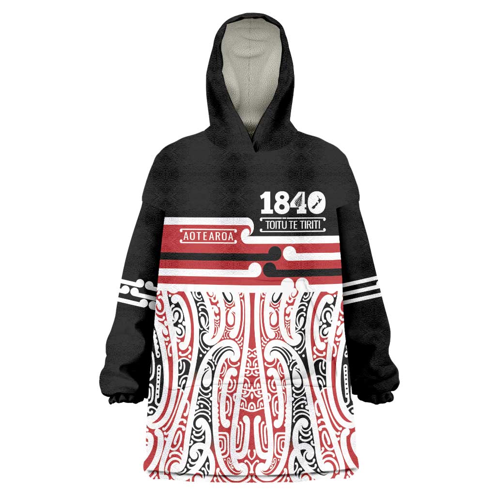 Personalised Toitu Te Tiriti Aotearoa 1840 Wearable Blanket Hoodie Red Kowhaiwhai Puhoro LT9 One Size Black - Polynesian Pride
