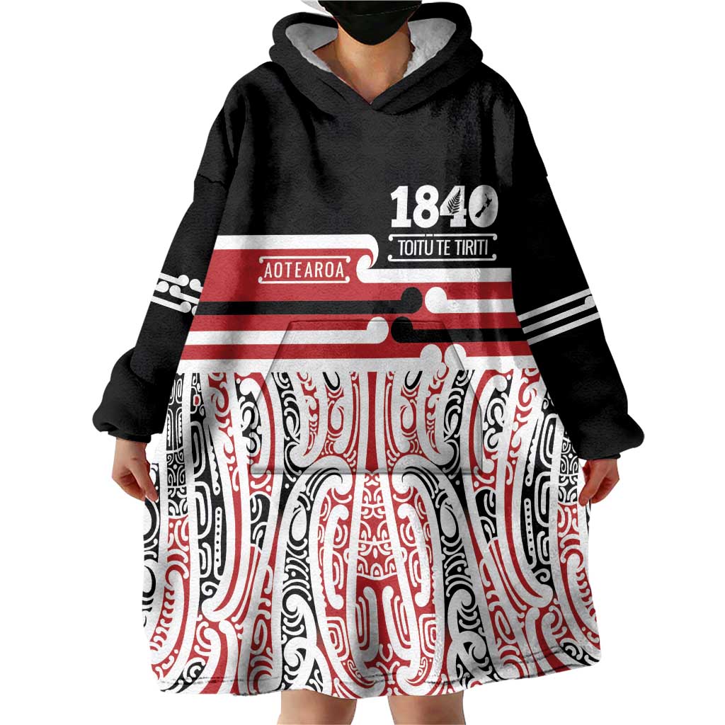 Personalised Toitu Te Tiriti Aotearoa 1840 Wearable Blanket Hoodie Red Kowhaiwhai Puhoro LT9 - Polynesian Pride