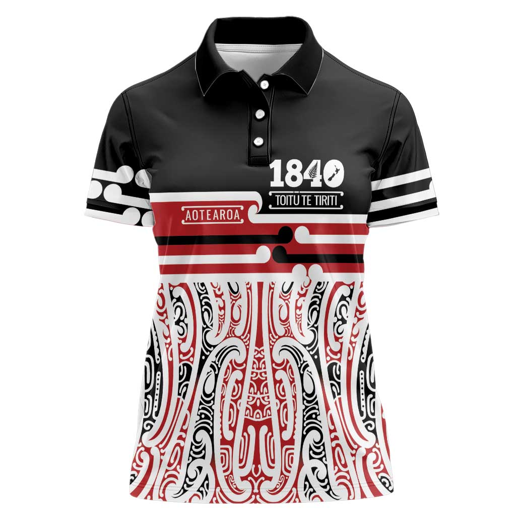 Personalised Toitu Te Tiriti Aotearoa 1840 Women Polo Shirt Red Kowhaiwhai Puhoro LT9 Female Black - Polynesian Pride