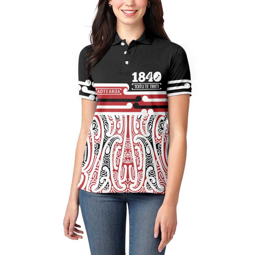 Personalised Toitu Te Tiriti Aotearoa 1840 Women Polo Shirt Red Kowhaiwhai Puhoro LT9 - Polynesian Pride