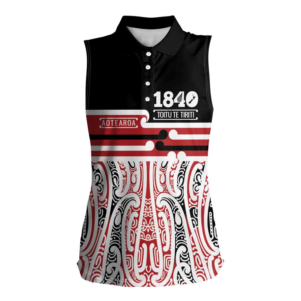 Personalised Toitu Te Tiriti Aotearoa 1840 Women Sleeveless Polo Shirt Red Kowhaiwhai Puhoro LT9 Female Black - Polynesian Pride
