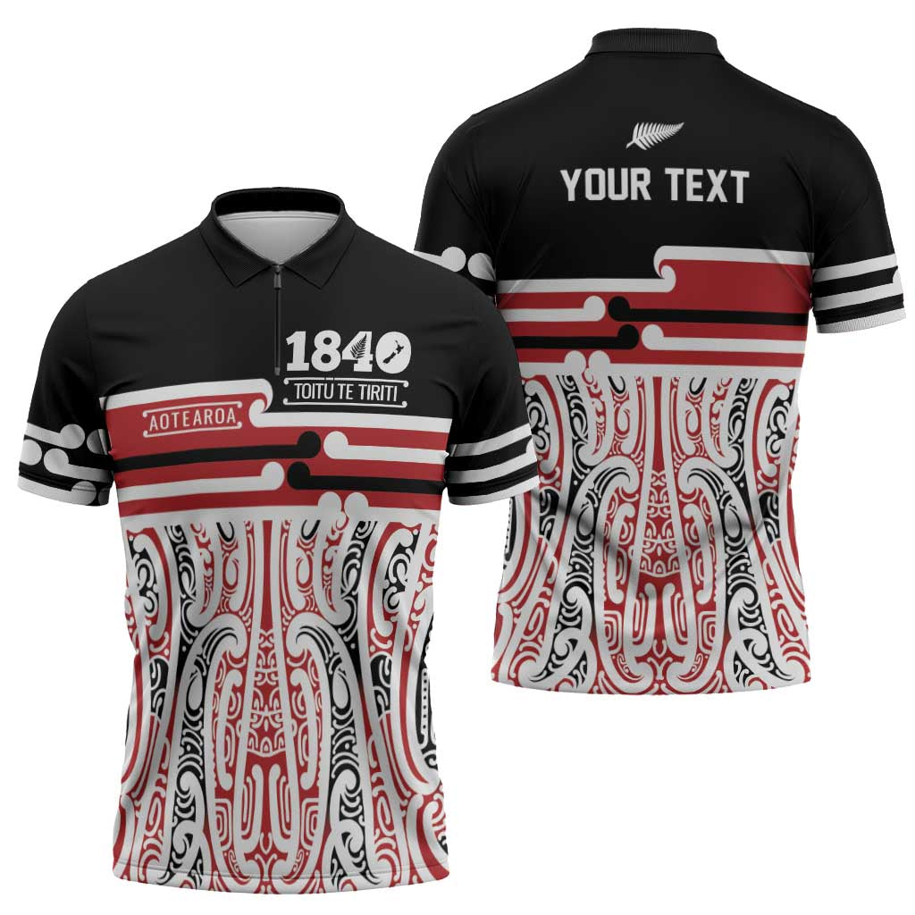 Personalised Toitu Te Tiriti Aotearoa 1840 Zipper Polo Shirt Red Kowhaiwhai Puhoro LT9 - Polynesian Pride