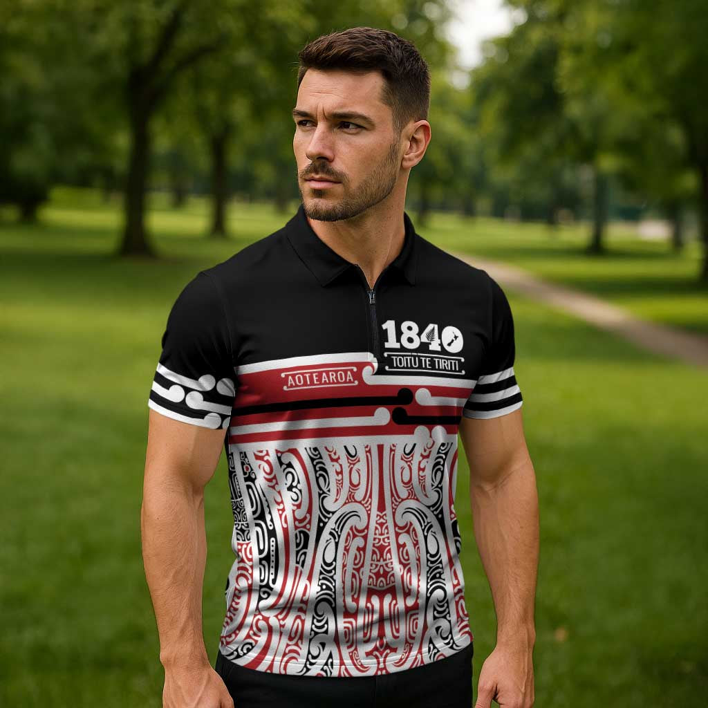 Personalised Toitu Te Tiriti Aotearoa 1840 Zipper Polo Shirt Red Kowhaiwhai Puhoro LT9 - Polynesian Pride