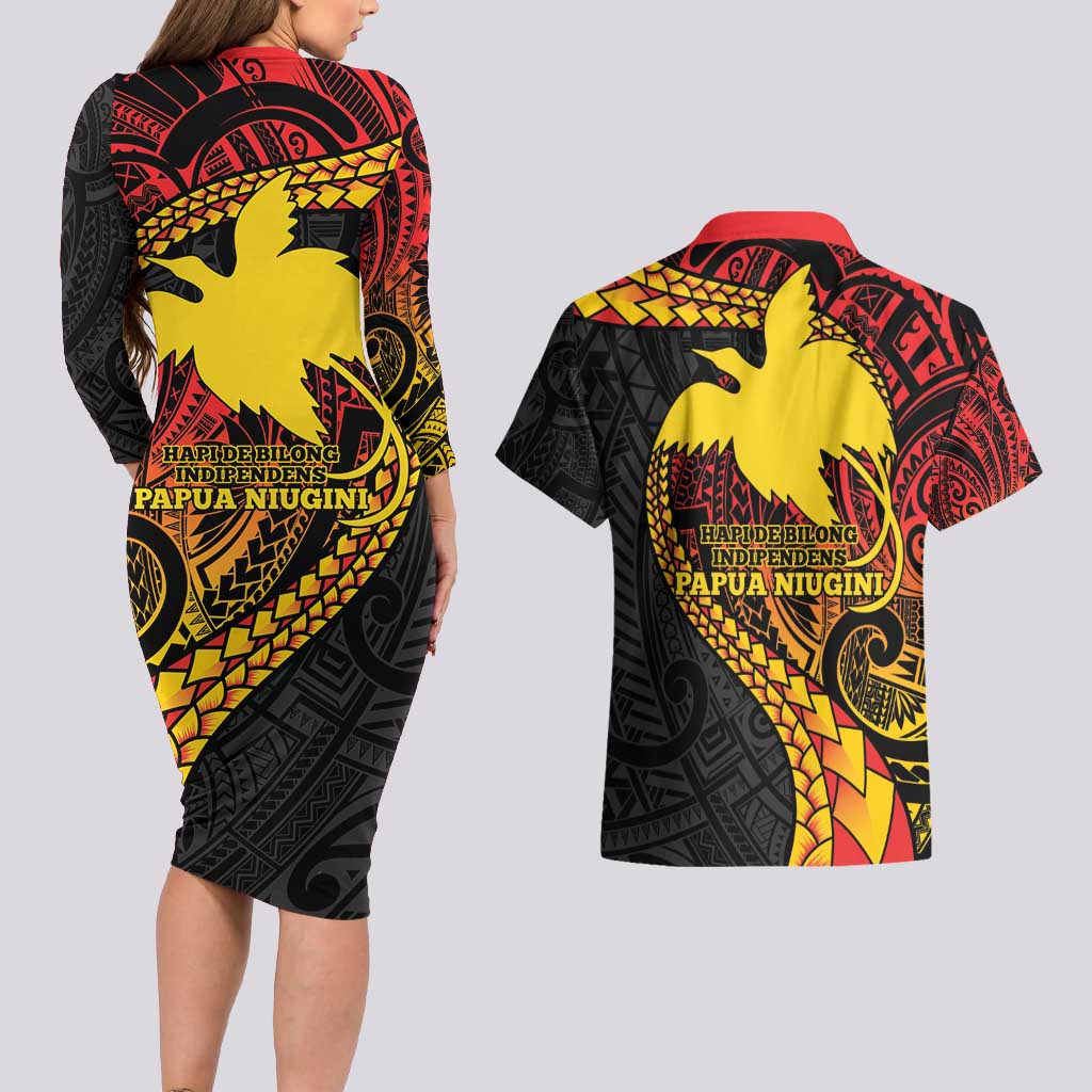 Papua New Guinea Tribal Tattoo Couples Matching Long Sleeve Bodycon Dress and Hawaiian Shirt 50th Independence Anniversary LT9 - Polynesian Pride