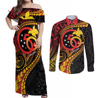 Papua New Guinea Tribal Tattoo Couples Matching Off Shoulder Maxi Dress and Long Sleeve Button Shirt 50th Independence Anniversary LT9 Black - Polynesian Pride