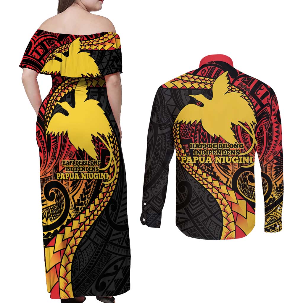 Papua New Guinea Tribal Tattoo Couples Matching Off Shoulder Maxi Dress and Long Sleeve Button Shirt 50th Independence Anniversary LT9 - Polynesian Pride