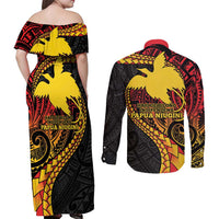 Papua New Guinea Tribal Tattoo Couples Matching Off Shoulder Maxi Dress and Long Sleeve Button Shirt 50th Independence Anniversary LT9 - Polynesian Pride