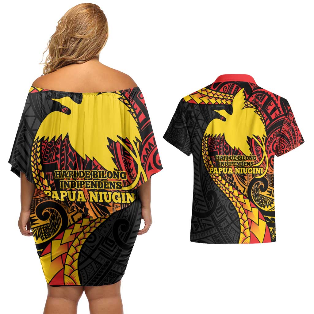 Papua New Guinea Tribal Tattoo Couples Matching Off Shoulder Short Dress and Hawaiian Shirt 50th Independence Anniversary LT9 - Polynesian Pride